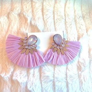 Lavender Straw and Iridescent Jeweled Bohemian Gold Earrings